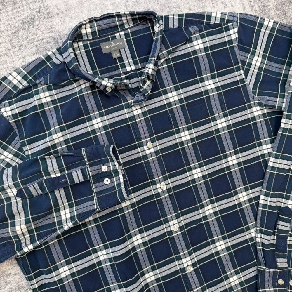 LL Bean Oxford Shirt Mens XL Slim Fit Blue Tartan Plaid Signature Button Down